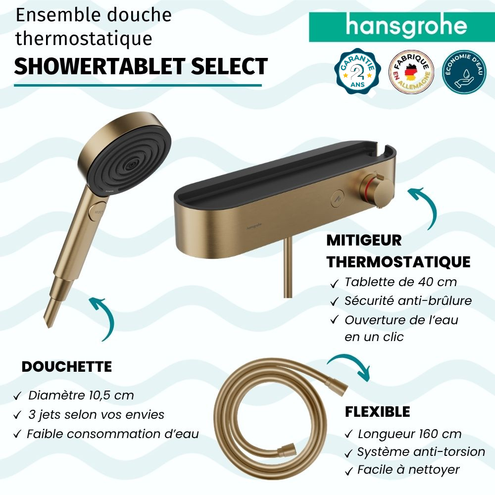 Pack mitigeur douche thermostatique HANSGROHE ShowerTablet Select + Flexible Isiflex + Pommeau 3jets Pulsify Select S|Batinea