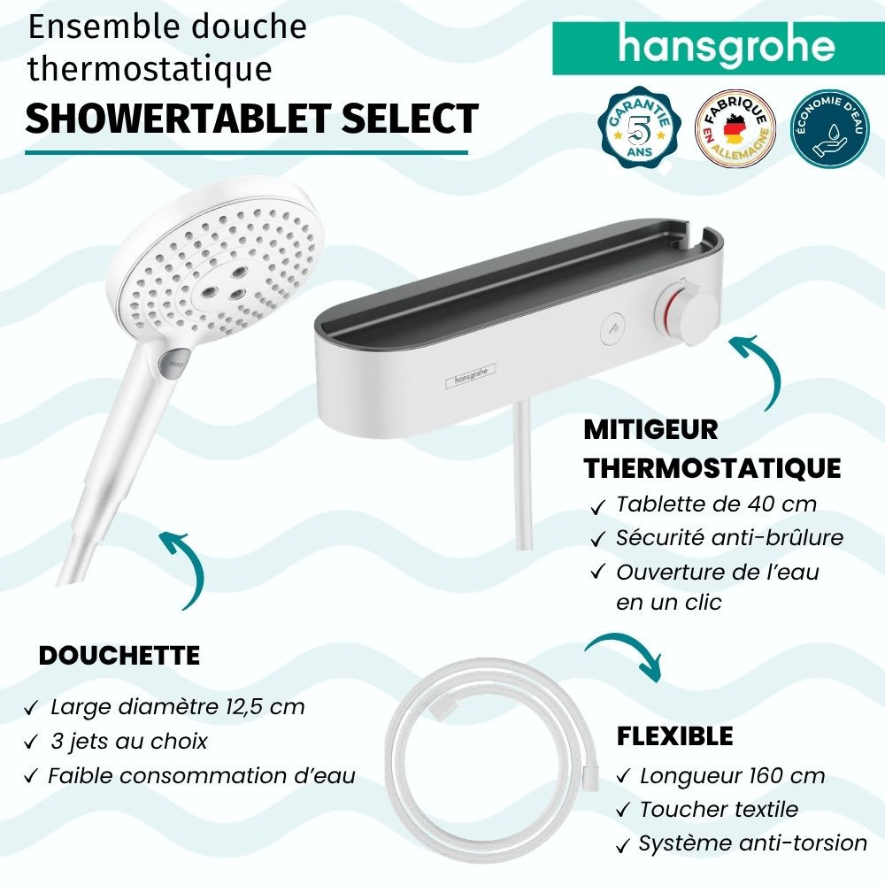 Pack mitigeur douche thermostatique HANSGROHE ShowerTablet Select + Flexible Designflex + Pommeau 3jets Raindance Select S|Batin