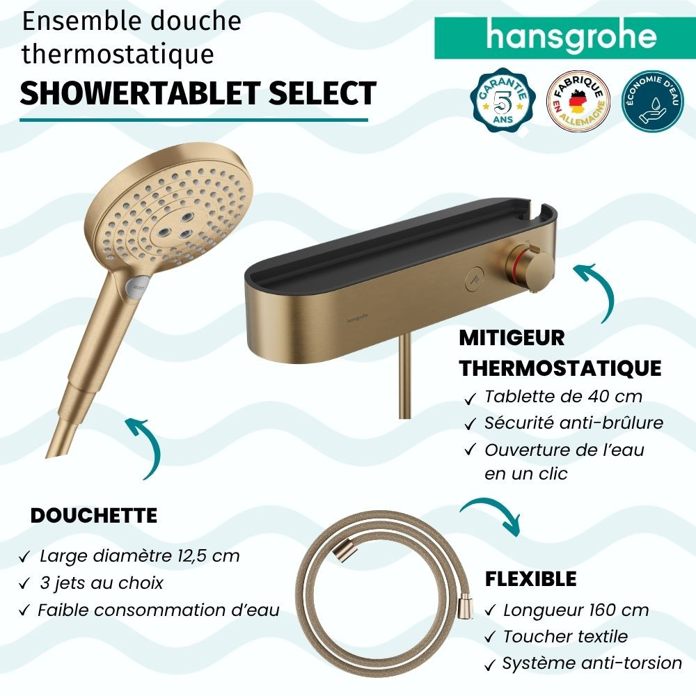 Pack mitigeur douche thermostatique HANSGROHE ShowerTablet Select + Flexible Designflex + Pommeau 3jets Raindance Select S|Batin
