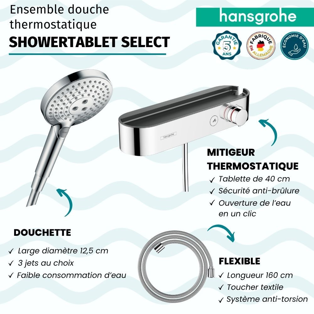 Pack mitigeur douche thermostatique HANSGROHE ShowerTablet Select + Flexible Designflex + Pommeau 3jets Raindance Select S|Batin