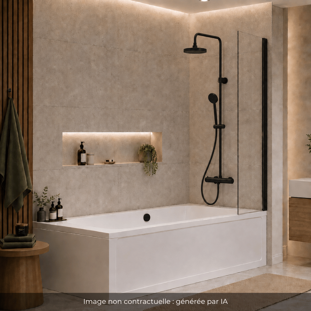 Baignoire droite 180x80cm avec pieds VITRA Neon blanc + Vidage WIRQUIN + Colonne bain thermostatique douche noir mat | Batinea