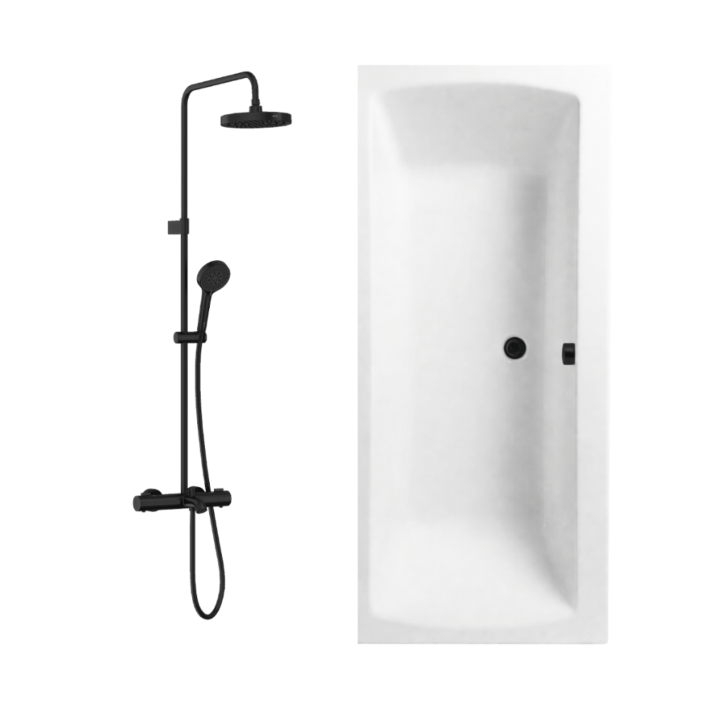 Baignoire droite 180x80cm avec pieds VITRA Neon blanc + Vidage WIRQUIN noir + Colonne bain thermostatique douche noir mat
