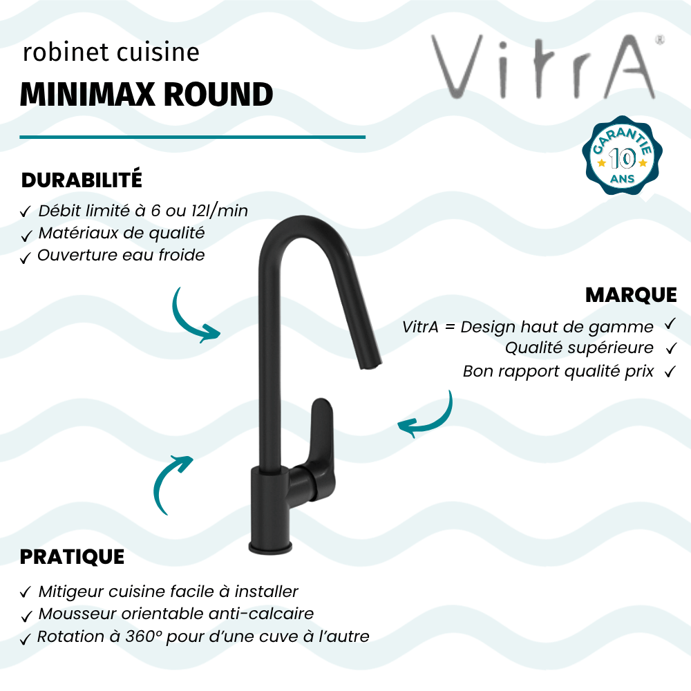 Points forts du robinet de cuisine haut VitrA Minimax Round