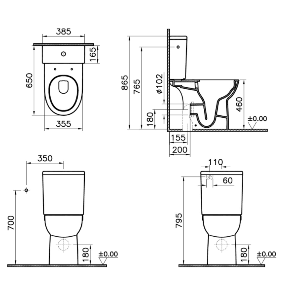 schéma technique du WC à poser sans bride PMR sortie universelle VitrA Conforma avec abattant frein de chute