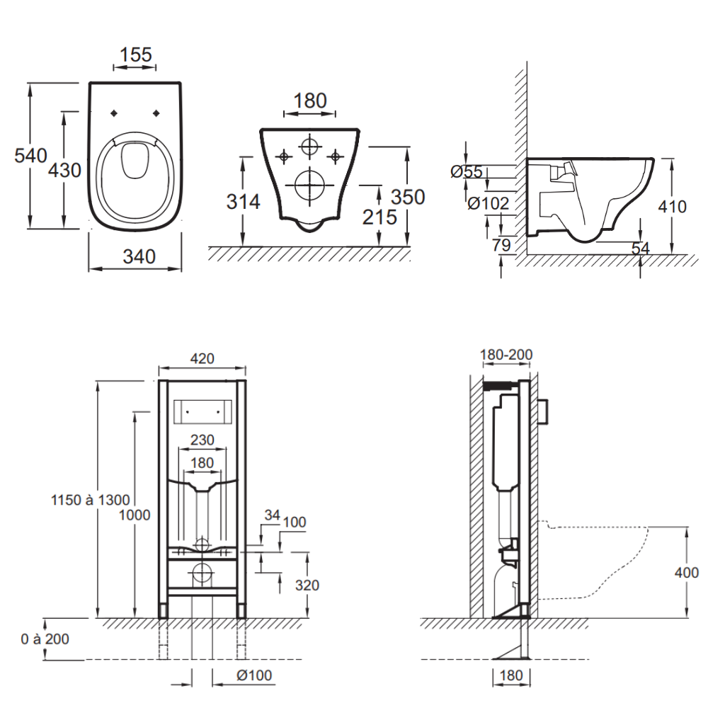 Pack WC suspendu sans bride JACOB DELAFON Struktura + abattant + bâti-support autoportant + plaque blanche