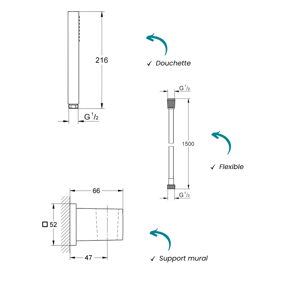 Douchette GROHE Vitalio Joy Cube Stick avec flexible 150 cm et support mural schéma