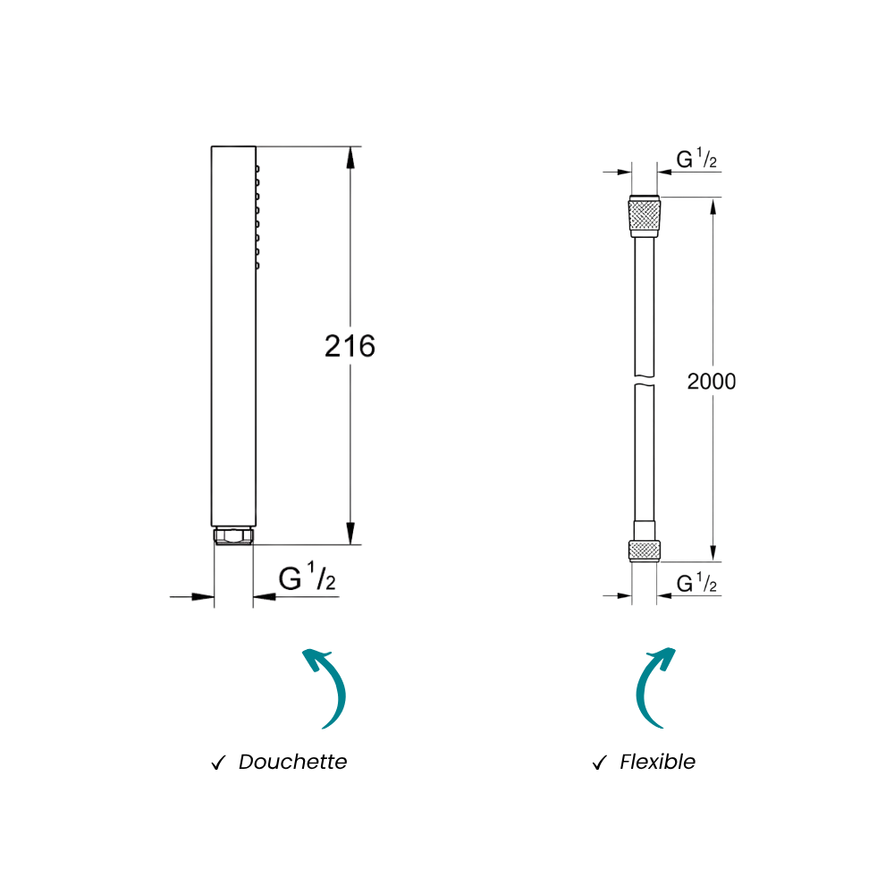 Douchette 1 jet GROHE Vitalio Joy Cube Stick avec flexible 200 cm schéma