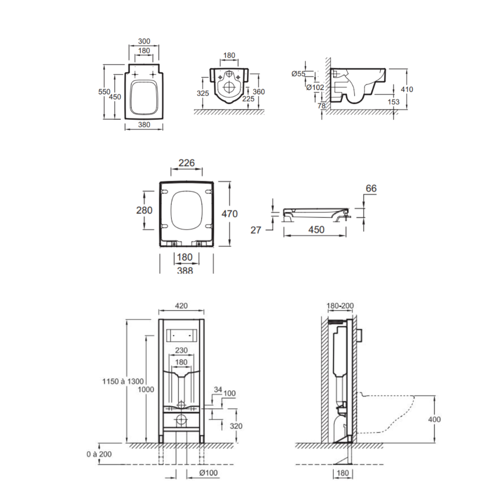 Pack WC suspendu JACOB DELAFON Terrace + abattant + bâti-support autoportant + plaque blanche