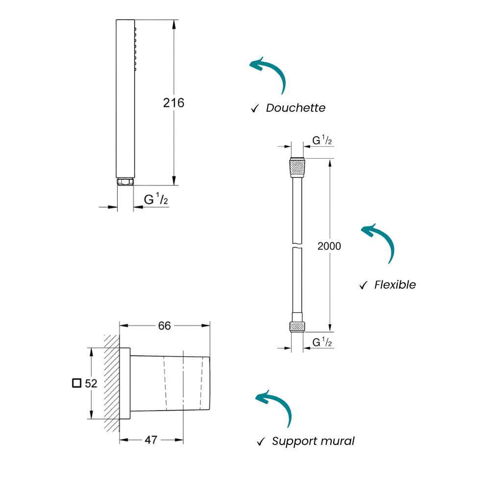 Douchette 1 jet GROHE Vitalio Joy Cube Stick avec flexible 200 cm et support mural schéma
