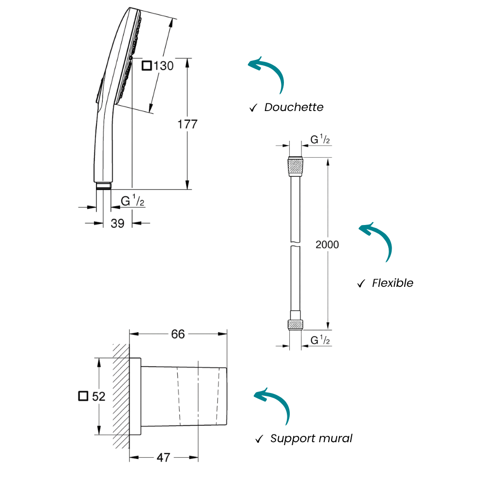 Douchette GROHE Vitalio SmartActive 130 Cube avec flexible 200 cm et support de douche schéma