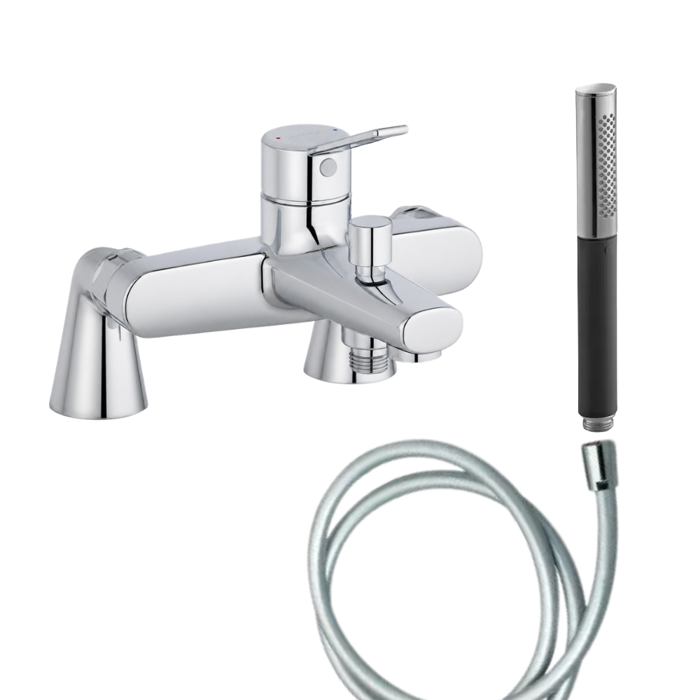Mitigeur baignoire JACOB DELAFON Eo + pommeau de douche Shift Ellipse + flexible de douche lisse + colonnettes