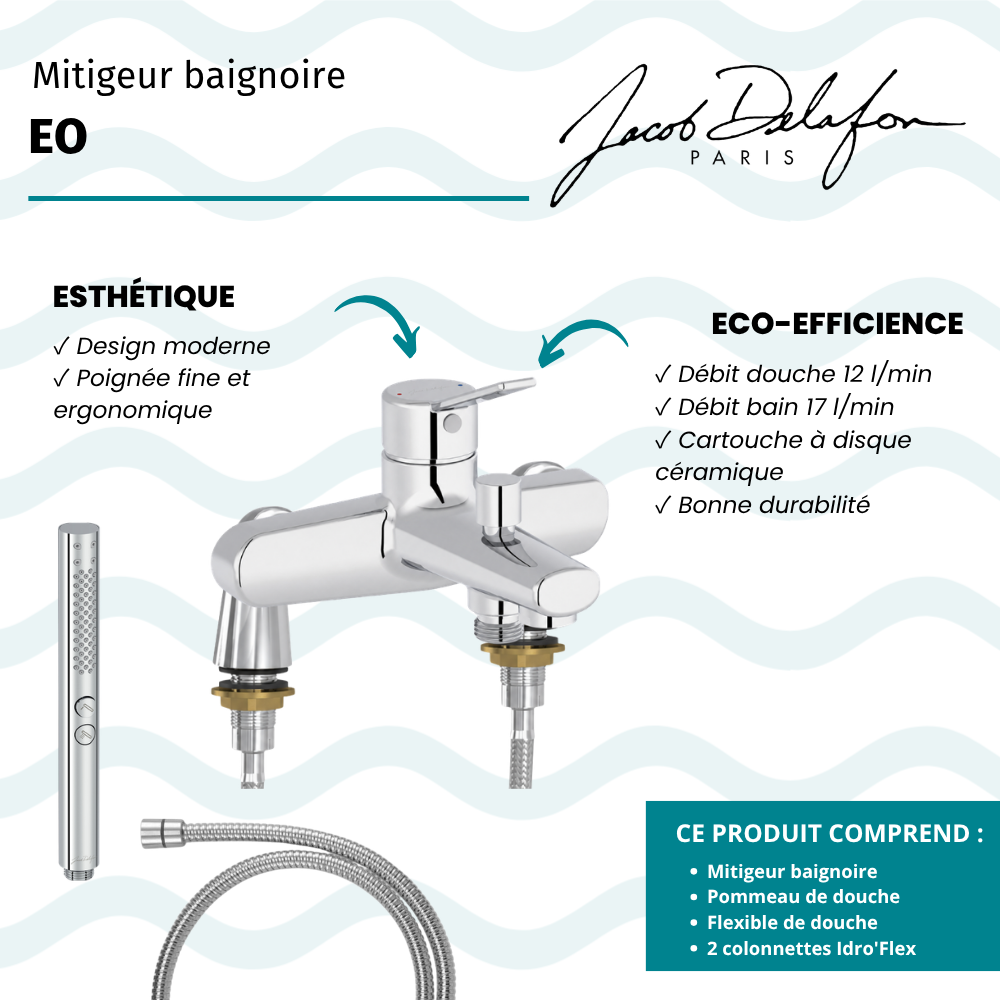 Mitigeur baignoire JACOB DELAFON Eo + pommeau de douche Shift+ rond + flexible de douche métal + colonnettes Idro'Flex