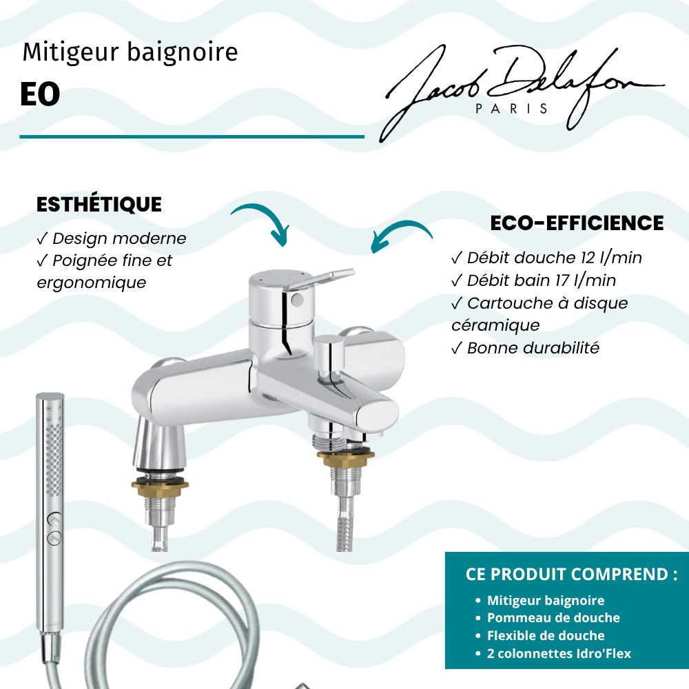 Mitigeur baignoire JACOB DELAFON Eo + pommeau de douche Shift+ rond + flexible de douche lisse + colonnettes Idro'Flex