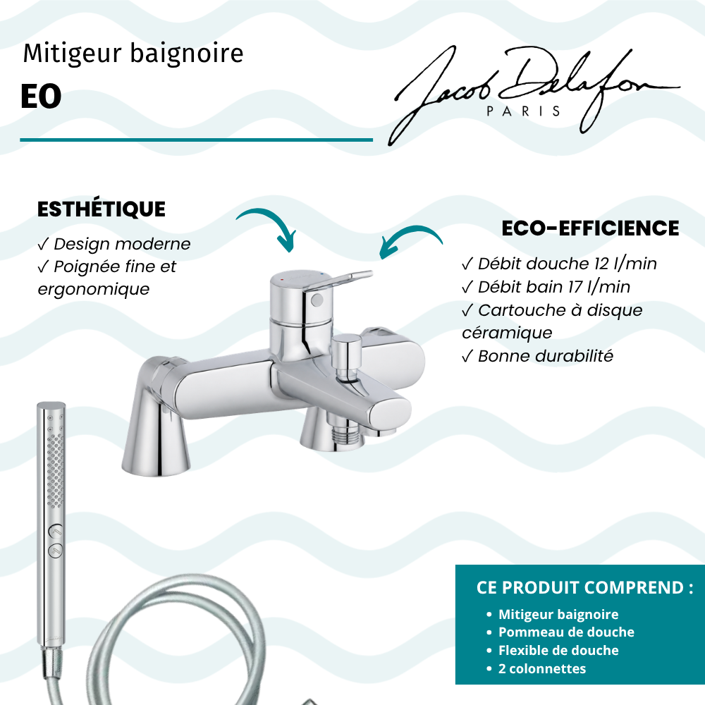 Mitigeur baignoire JACOB DELAFON Eo + pommeau de douche Shift+ rond + flexible de douche lisse + colonnettes