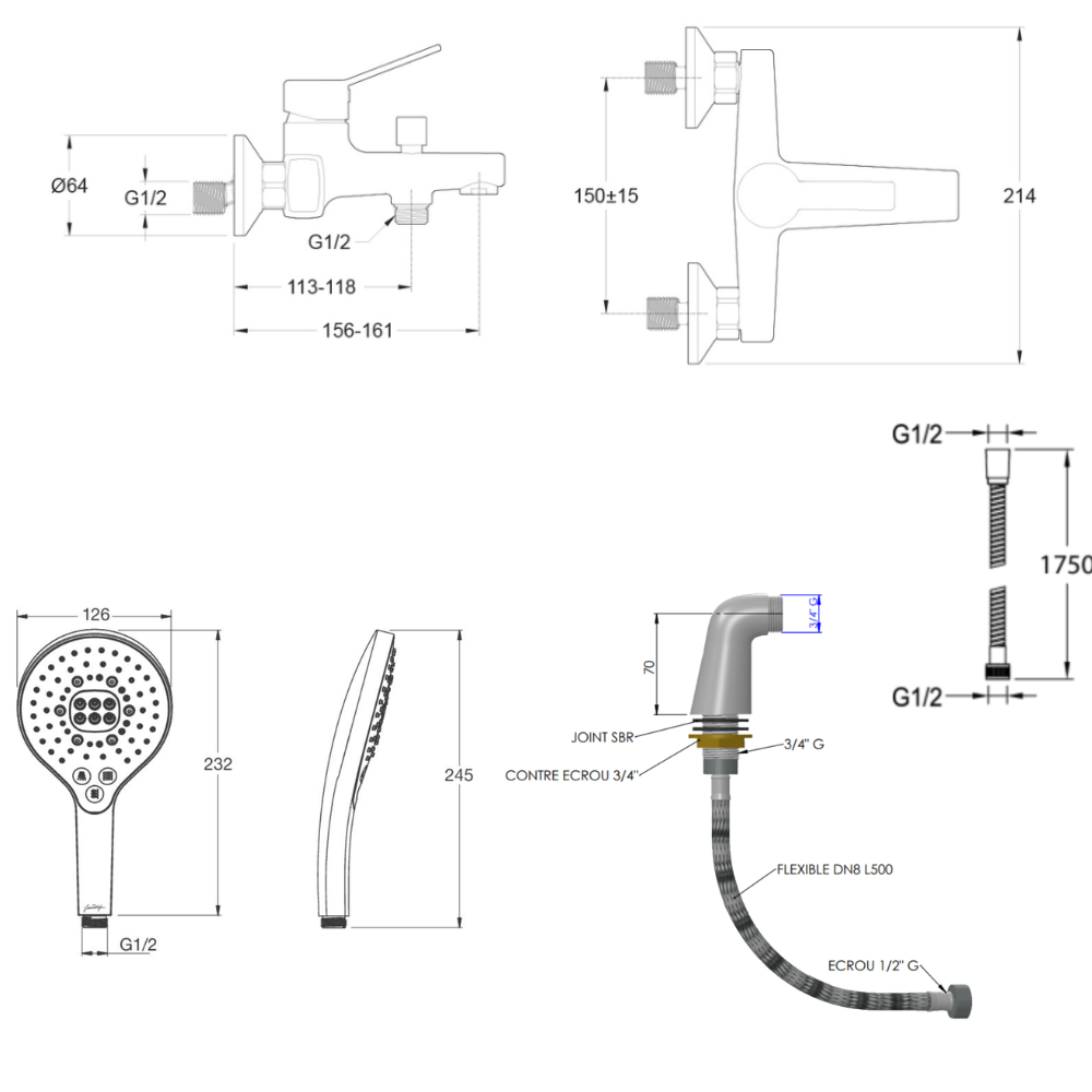 Mitigeur baignoire JACOB DELAFON Eo + pommeau de douche Metro signature + flexible de douche métal + colonnettes Idro'Flex