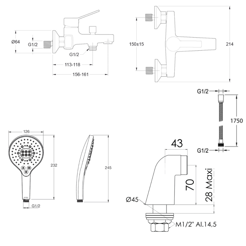 Mitigeur baignoire JACOB DELAFON Eo + pommeau de douche Metro signature + flexible de douche métal + colonnettes
