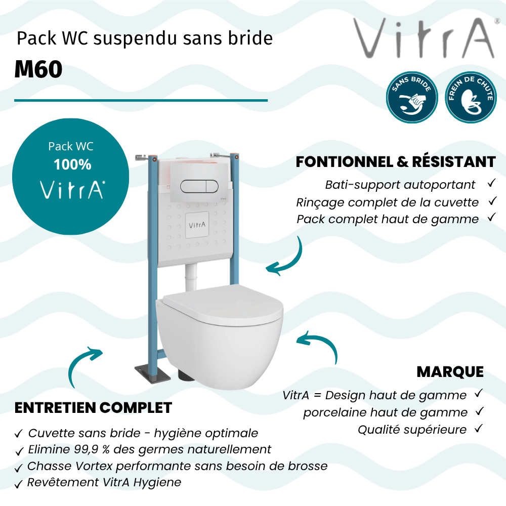 Pack WC suspendu sans bride VitrA  M60 + bâti support + Plaque