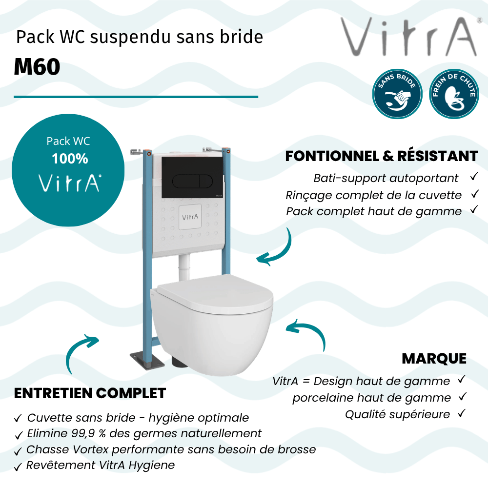 Pack WC suspendu sans bride VitrA  M60 + bâti support + Plaque