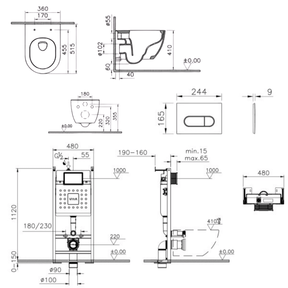 Pack WC suspendu sans bride VitrA  M60 + bâti support + Plaque