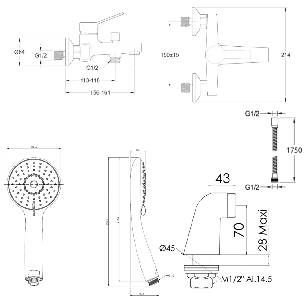 Mitigeur baignoire JACOB DELAFON Eo + pommeau de douche Juliette + flexible de douche métal + colonnettes