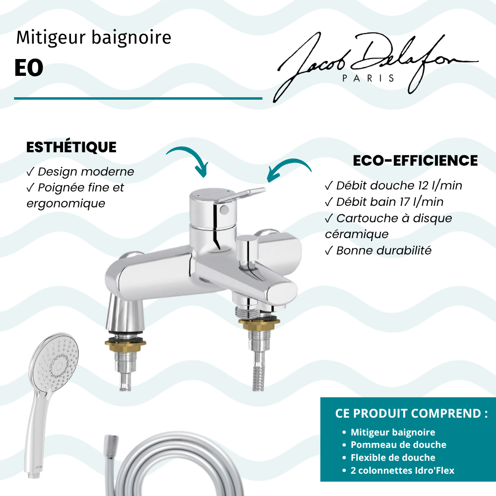 Mitigeur baignoire JACOB DELAFON Eo + pommeau de douche Juliette + flexible de douche lisse + colonnettes Idro'Flex