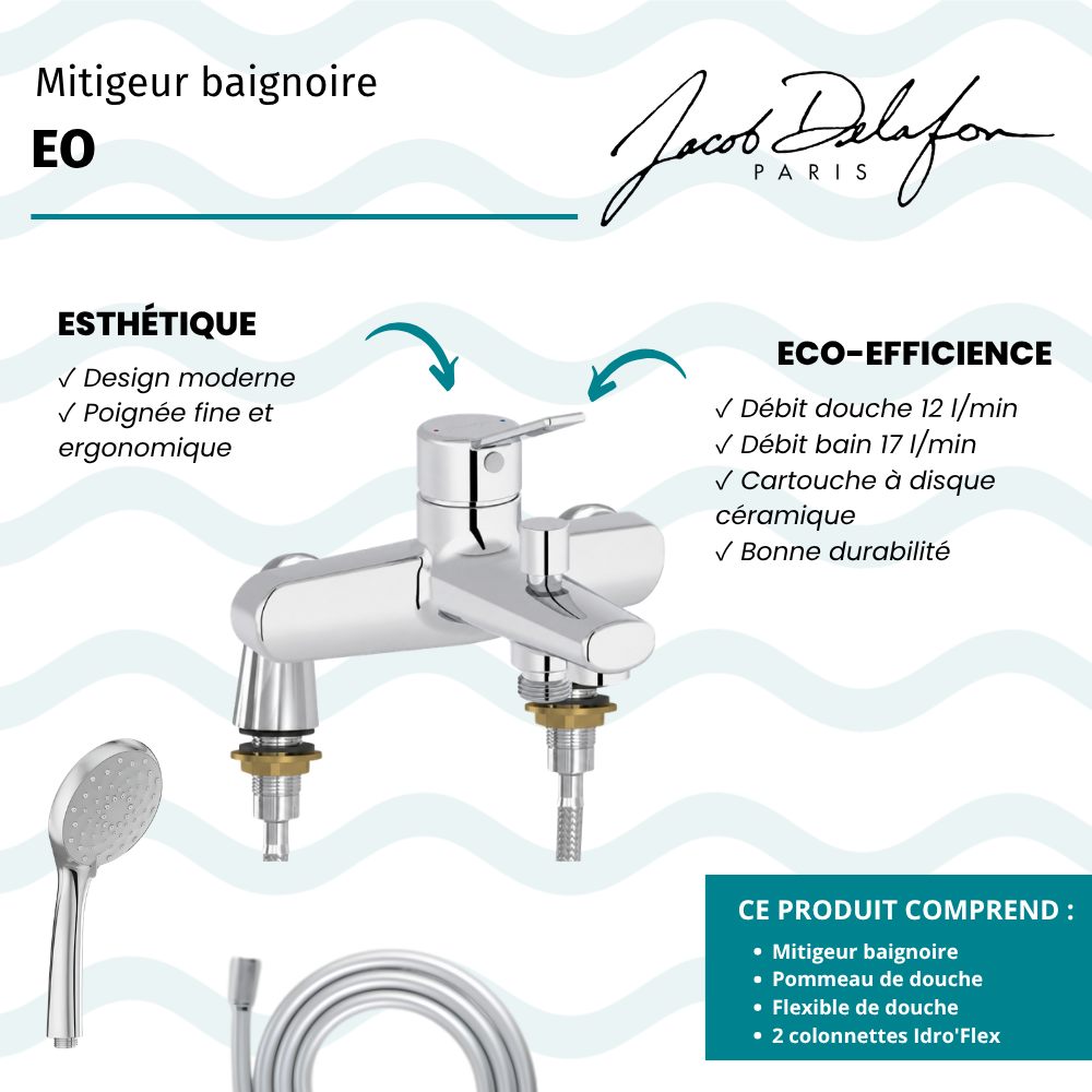 Mitigeur baignoire JACOB DELAFON Eo + pommeau de douche Awaken + flexible de douche lisse + colonnettes Idro'Flex