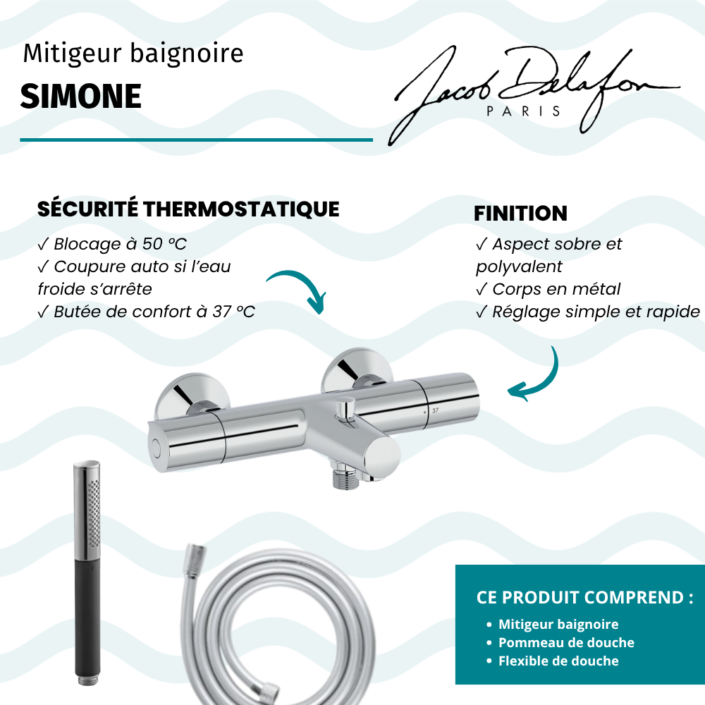 Mitigeur baignoire JACOB DELAFON Simone + pommeau de douche Shift Ellipse + flexible de douche lisse
