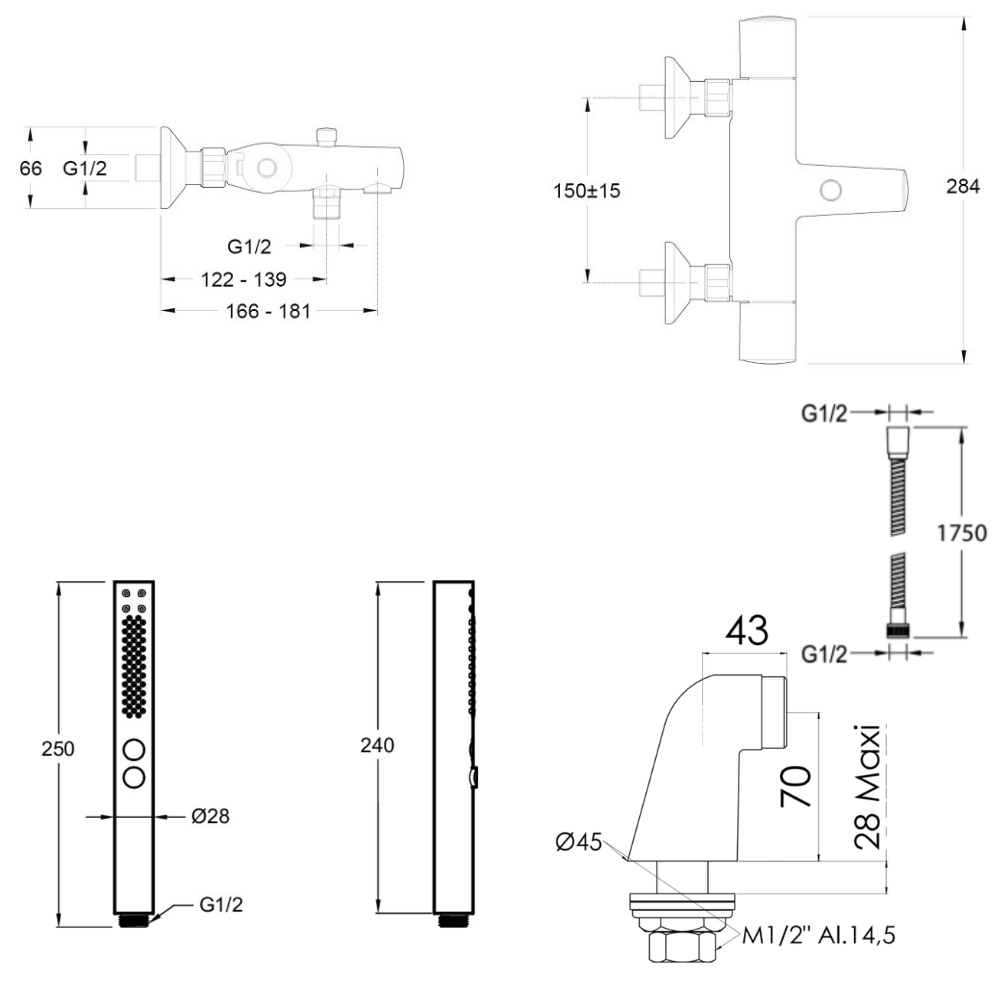 Mitigeur baignoire JACOB DELAFON Simone + pommeau de douche Shift+ rond + flexible de douche métal + colonnettes