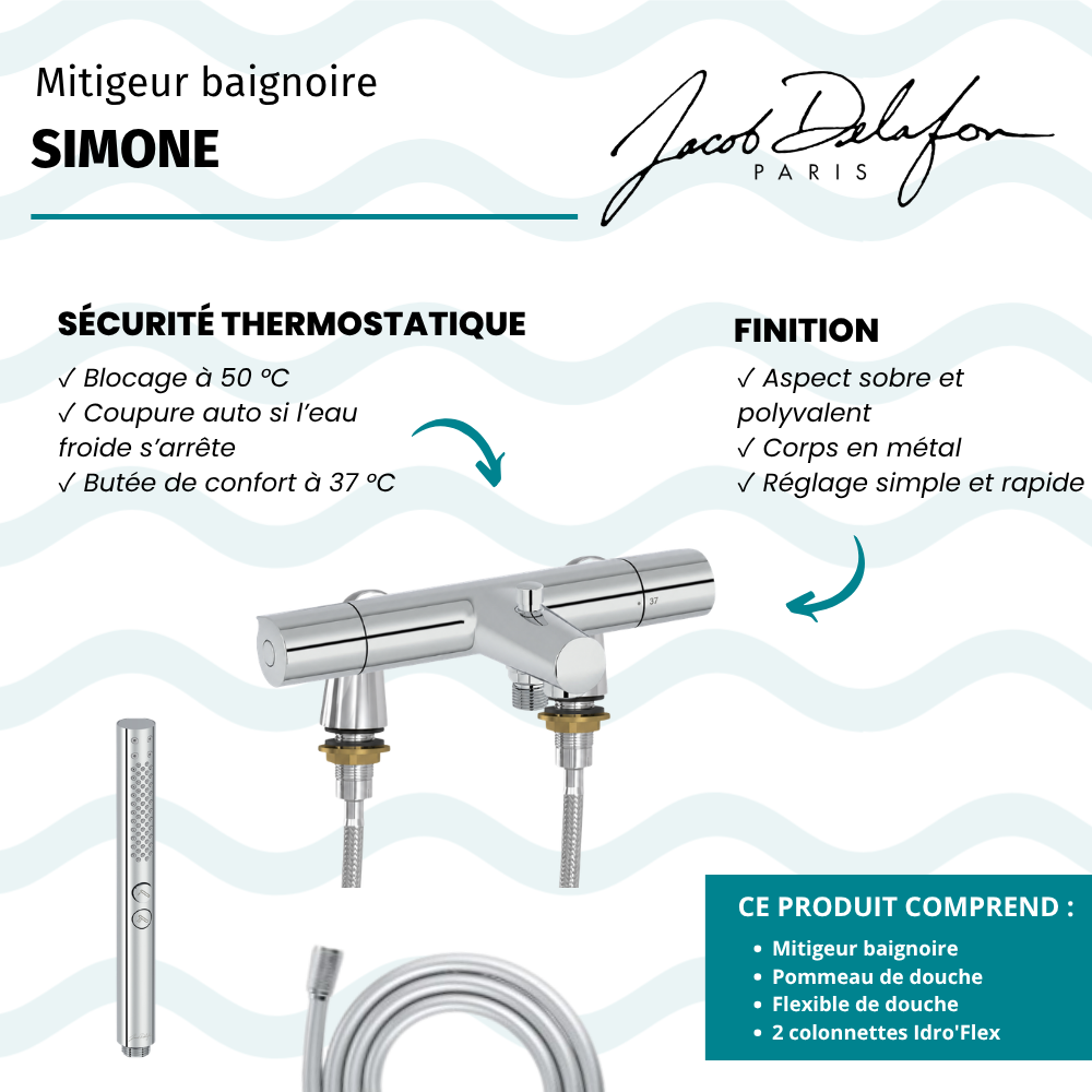 Mitigeur baignoire JACOB DELAFON Simone + pommeau de douche Shift+ rond + flexible de douche lisse + colonnettes Idro'Flex