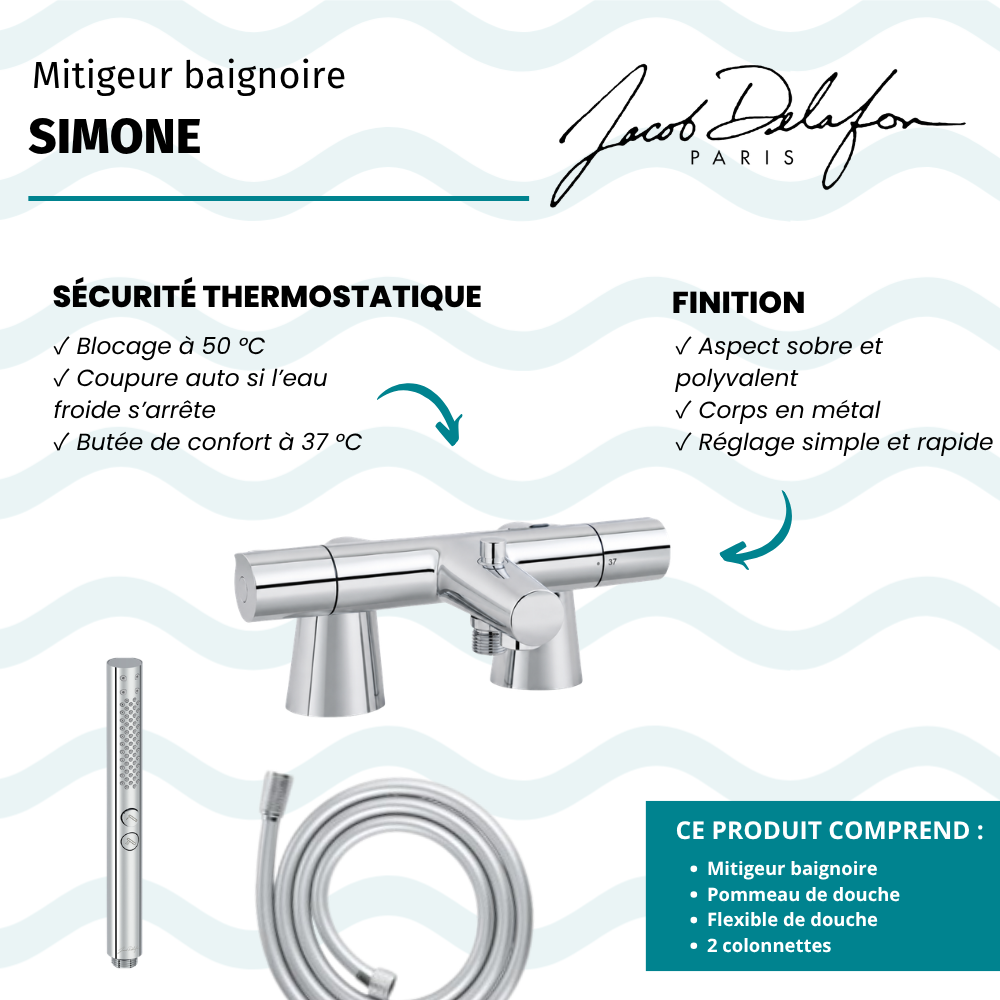 Mitigeur baignoire JACOB DELAFON Simone + pommeau de douche Shift+ rond + flexible de douche lisse + colonnettes