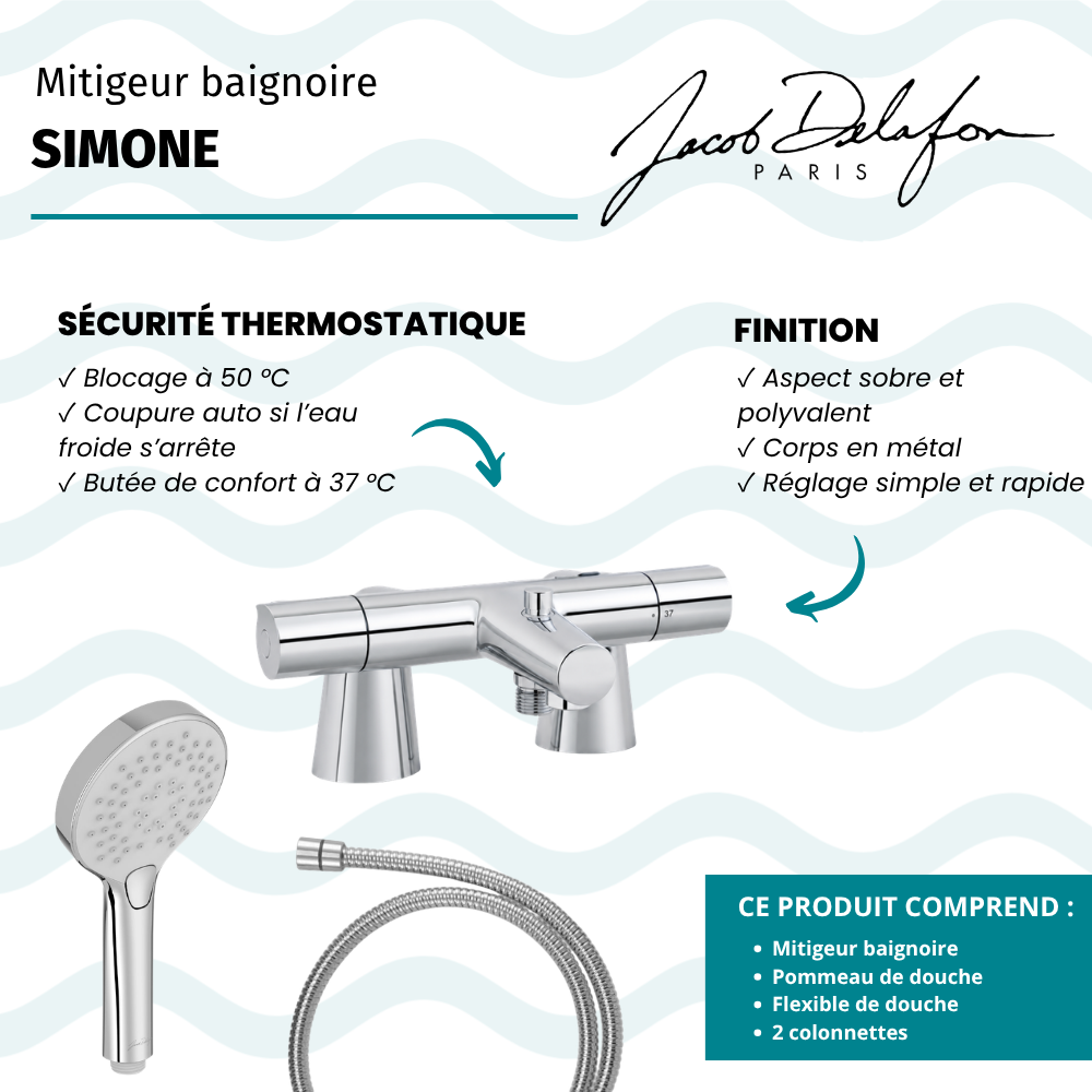 Mitigeur baignoire JACOB DELAFON Simone + pommeau de douche Metro + flexible de douche métal + colonnettes