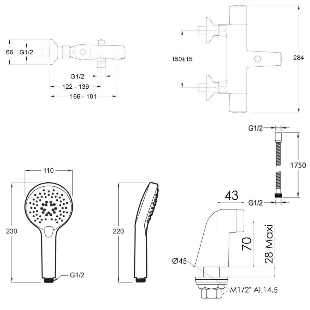 Mitigeur baignoire JACOB DELAFON Simone + pommeau de douche Metro + flexible de douche métal + colonnettes