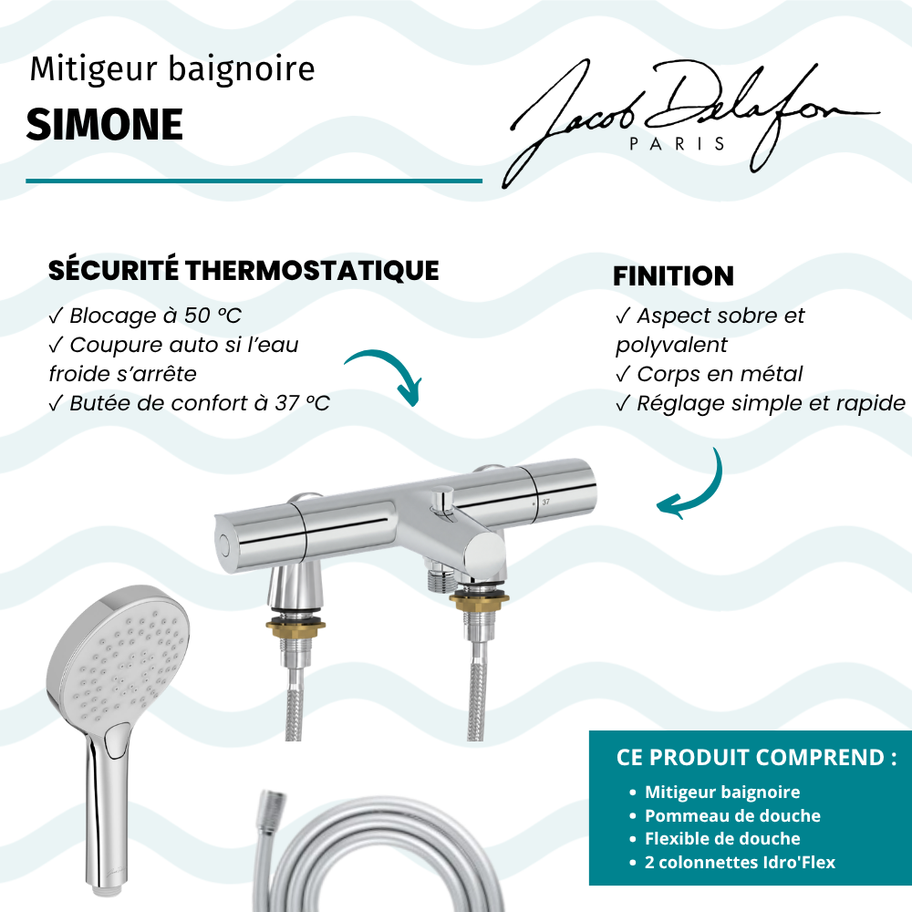 Mitigeur baignoire JACOB DELAFON Simone + pommeau de douche Metro + flexible de douche lisse + colonnettes Idro'Flex