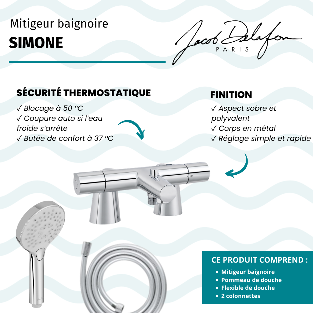 Mitigeur baignoire JACOB DELAFON Simone + pommeau de douche Metro + flexible de douche lisse + colonnettes