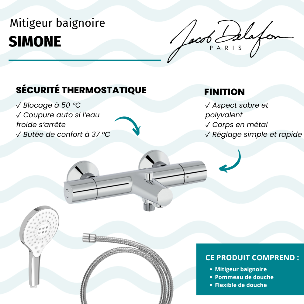Mitigeur baignoire JACOB DELAFON Simone + pommeau de douche Metro signature + flexible de douche métal