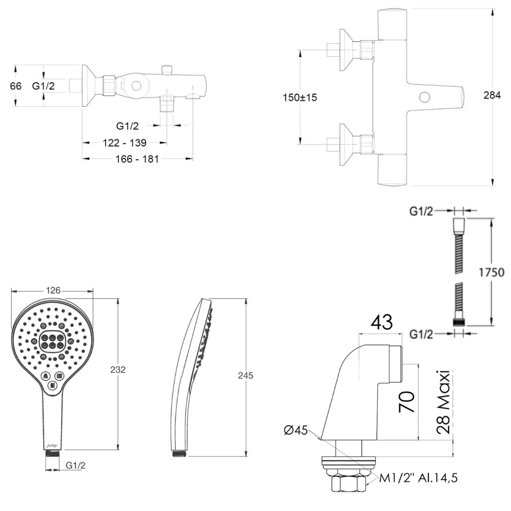 Mitigeur baignoire JACOB DELAFON Simone + pommeau de douche Metro signature + flexible de douche métal + colonnettes