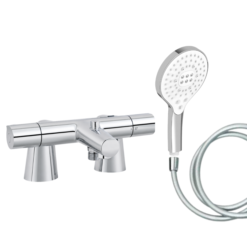 Mitigeur baignoire JACOB DELAFON Simone + pommeau de douche Metro signature + flexible de douche lisse + colonnettes