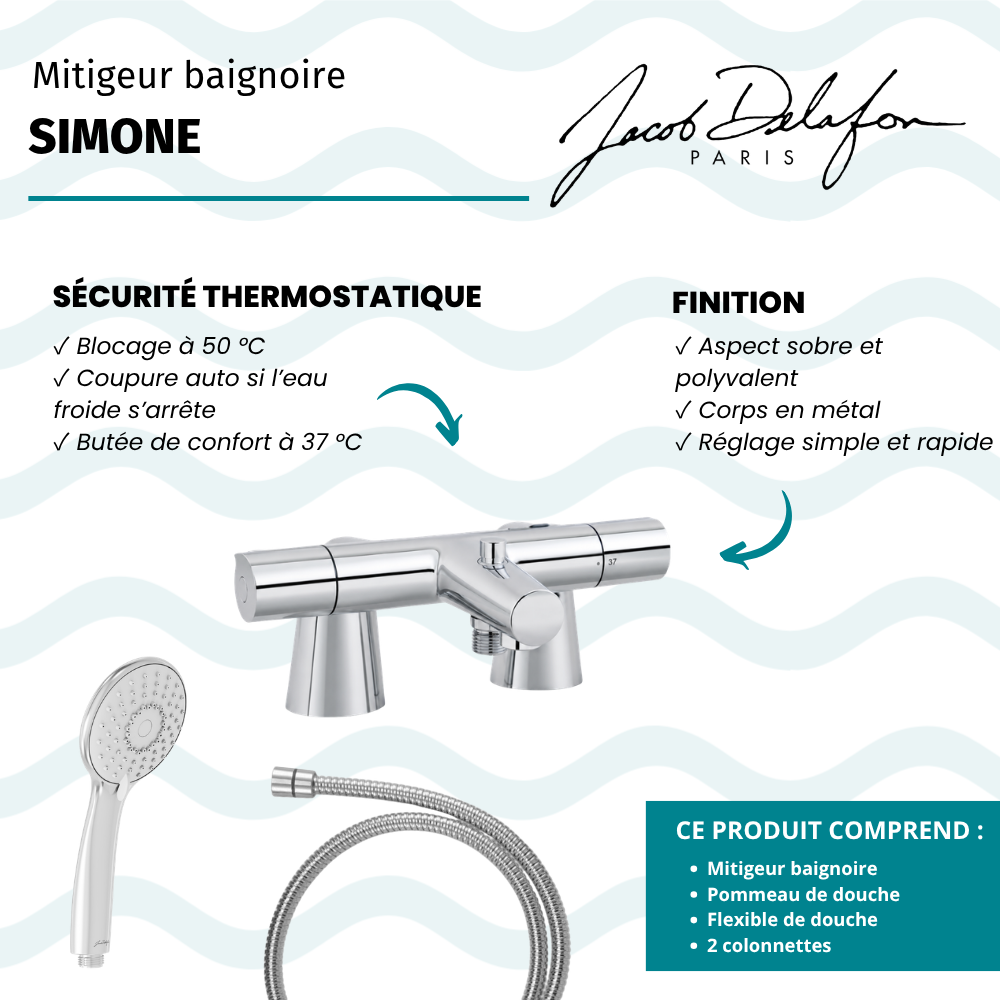 Mitigeur baignoire JACOB DELAFON Simone + pommeau de douche Juliette + flexible de douche métal + colonnettes