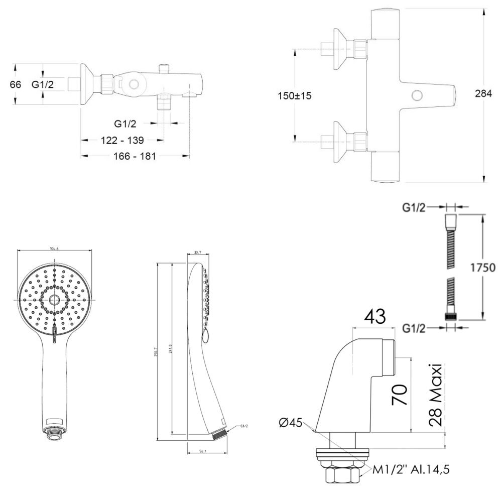 Mitigeur baignoire JACOB DELAFON Simone + pommeau de douche Juliette + flexible de douche métal + colonnettes
