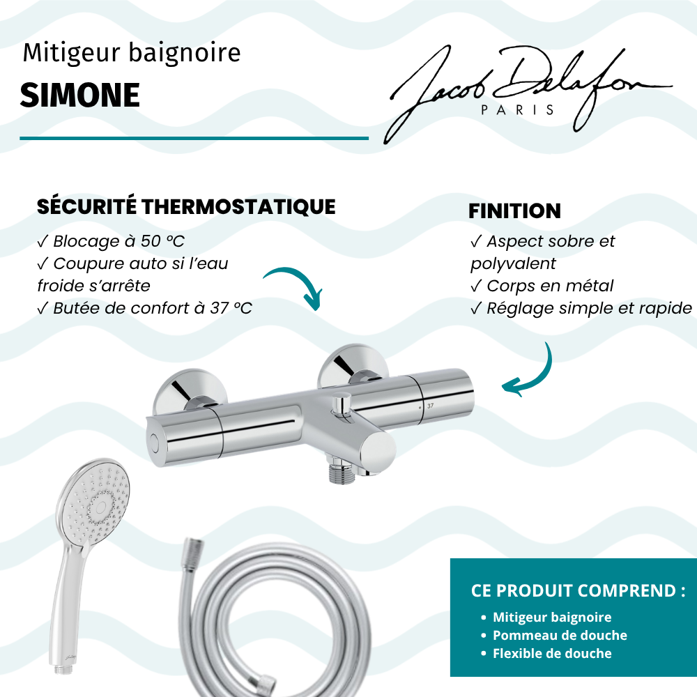 Mitigeur baignoire JACOB DELAFON Simone + pommeau de douche Juliette + flexible de douche lisse