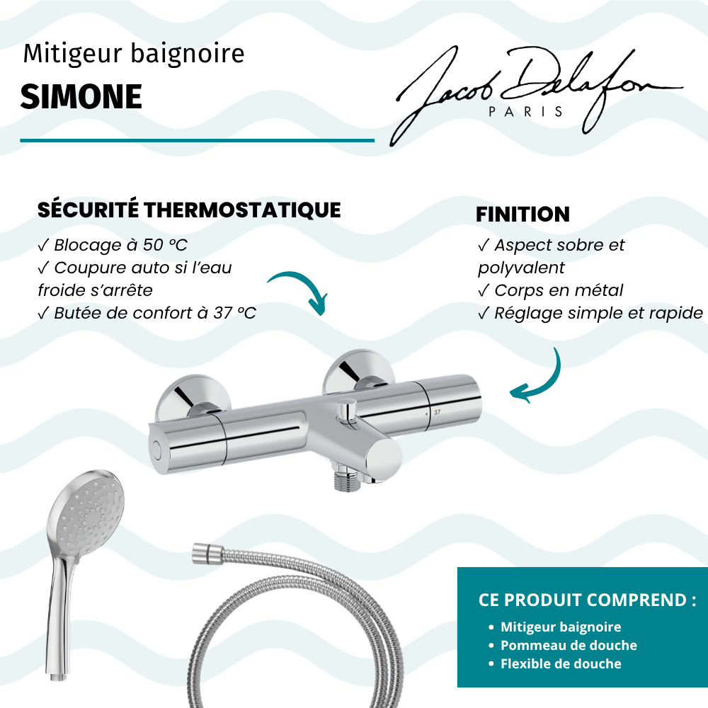 Mitigeur baignoire JACOB DELAFON Simone + pommeau de douche Awaken + flexible de douche métal