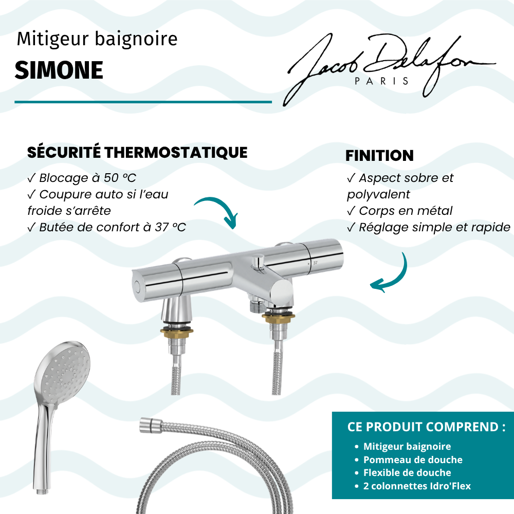 Mitigeur baignoire JACOB DELAFON Simone + pommeau de douche Awaken + flexible de douche métal + colonnettes Idro'Flex