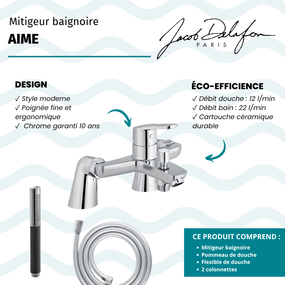 Mitigeur baignoire JACOB DELAFON Aimé + pommeau de douche Shift Ellipse + flexible de douche lisse + colonnettes