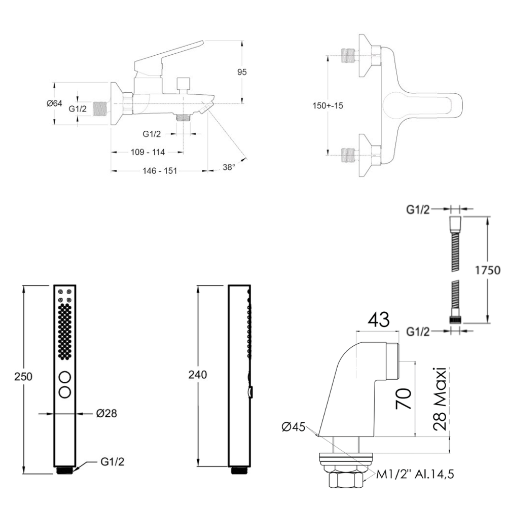 Mitigeur baignoire JACOB DELAFON Aimé + pommeau de douche Shift+ rond + flexible de douche métal + colonnettes