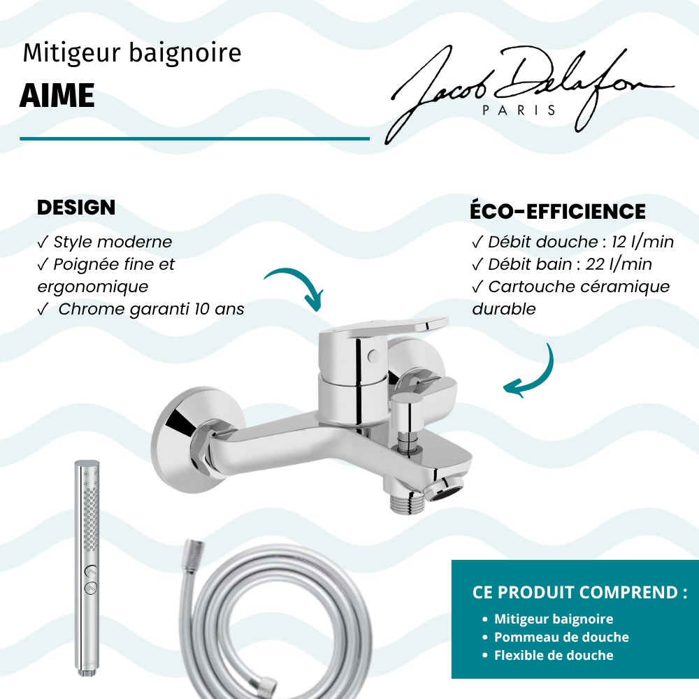 Mitigeur baignoire JACOB DELAFON Aimé + pommeau de douche Shift+ rond + flexible de douche lisse