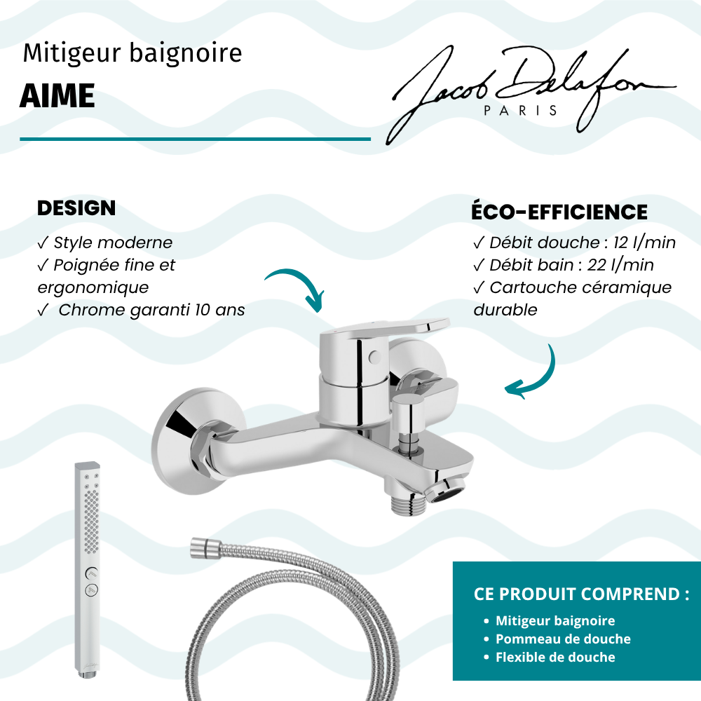 Mitigeur baignoire JACOB DELAFON Aimé + pommeau de douche Shift+ carré + flexible de douche métal
