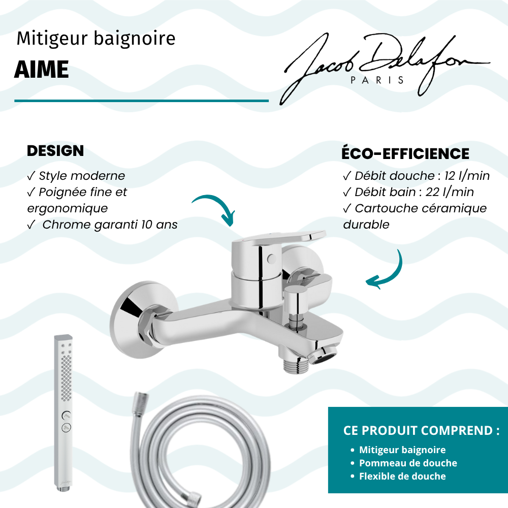 Mitigeur baignoire JACOB DELAFON Aimé + pommeau de douche Shift+ carré + flexible de douche lisse