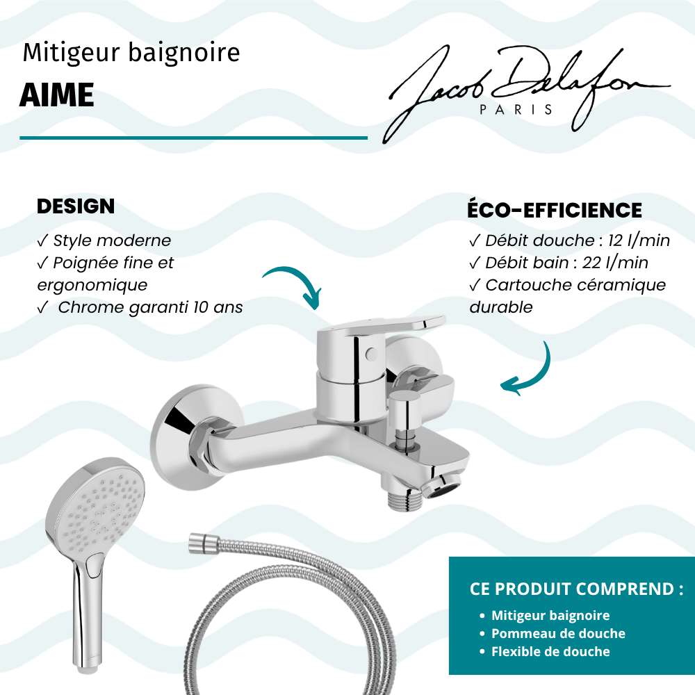 Mitigeur baignoire JACOB DELAFON Aimé + pommeau de douche Metro + flexible de douche métal