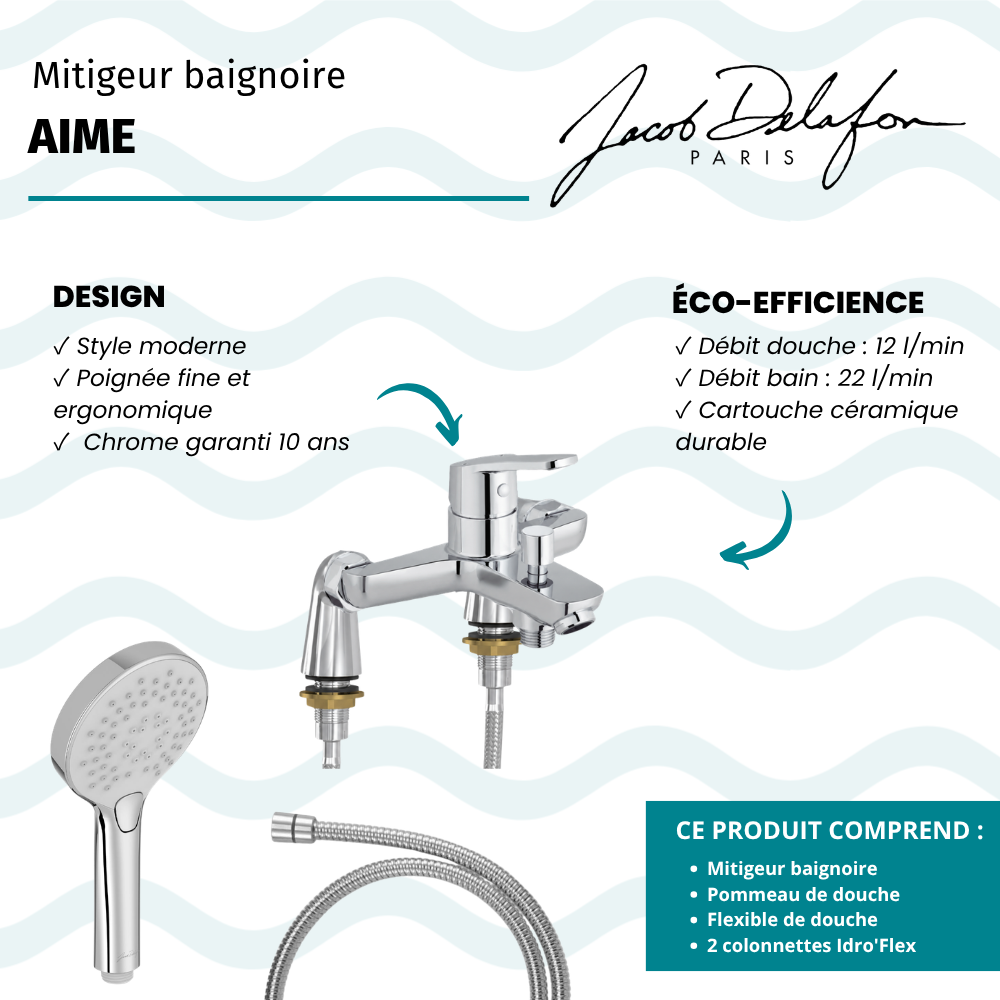 Mitigeur baignoire JACOB DELAFON Aimé + pommeau de douche Metro + flexible de douche métal + colonnettes Idro'Flex
