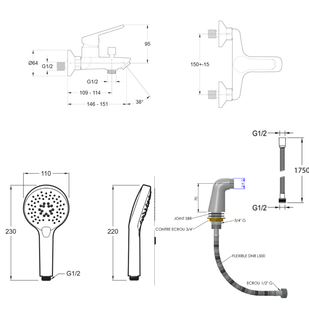 Mitigeur baignoire JACOB DELAFON Aimé + pommeau de douche Metro + flexible de douche métal + colonnettes Idro'Flex
